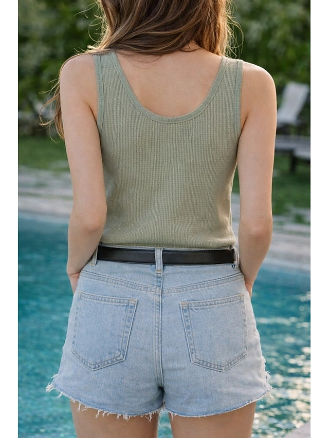 Women's Waffle Tank Top Solid Color Fashion Stylish Casual