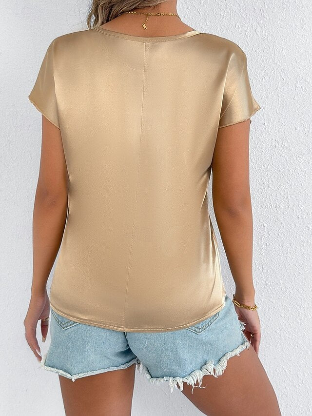Women's Satin T Shirt Solid Color Elegant Stylish Short