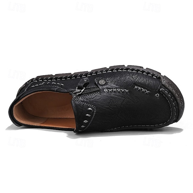 Leather with Side Faux Brown Slip-On Loafers Men's Zipper