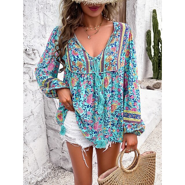 Women's Shirt Blouse Lace up Print Floral Bohemia Ethnic