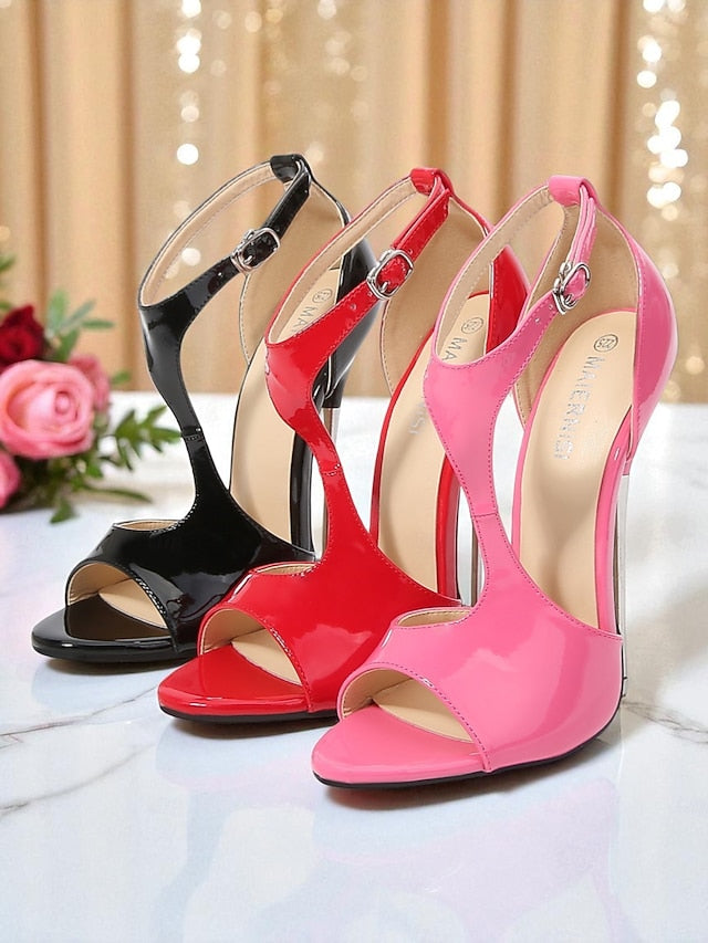 Patent Stiletto Open Leather Heels Red Strappy Women's -