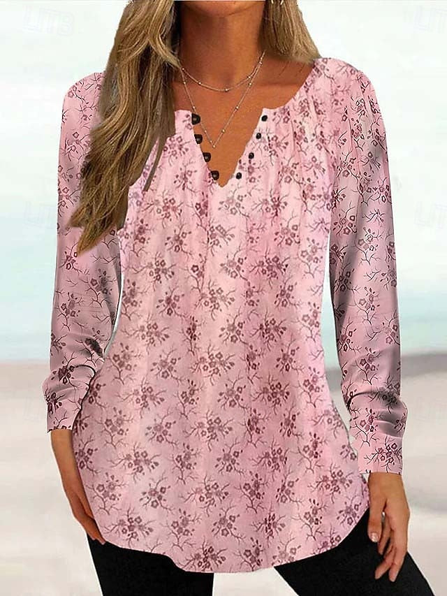 Women's Tunic Shirt Henley Shirt Blouse Tunic Basic Floral