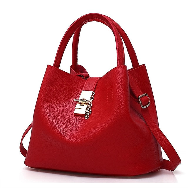 Gold Lock with and Faux Women's Chain Leather Handbag Red