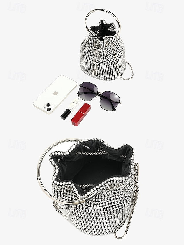 Women's Rhinestone Silver Sparkling Bucket with Bag Metal