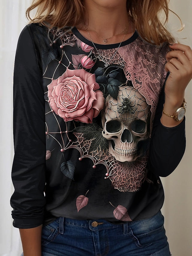 Women's T Shirt Skulls Floral Graphic Vintage Fashion