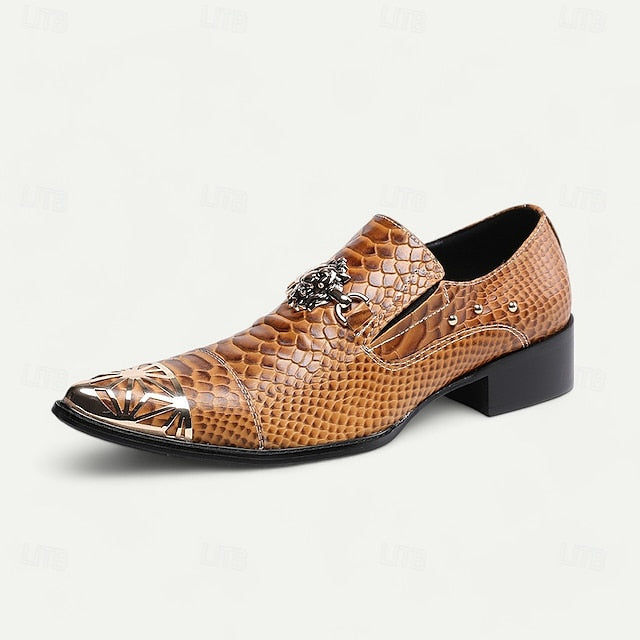 Brown with Leather Snake Pattern Slip-On Men's Metal Shoes