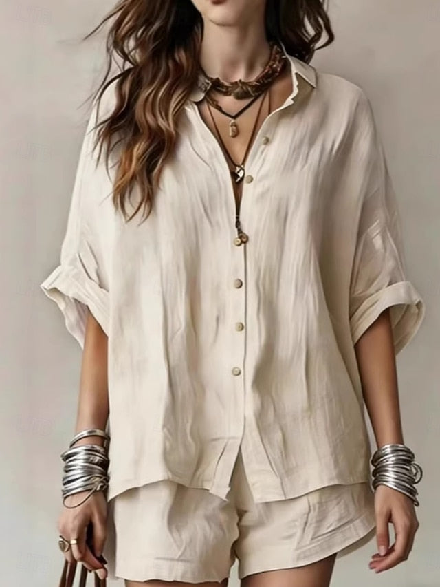 Women's Shorts Sets Long Sleeve Shirt Collar Solid Color