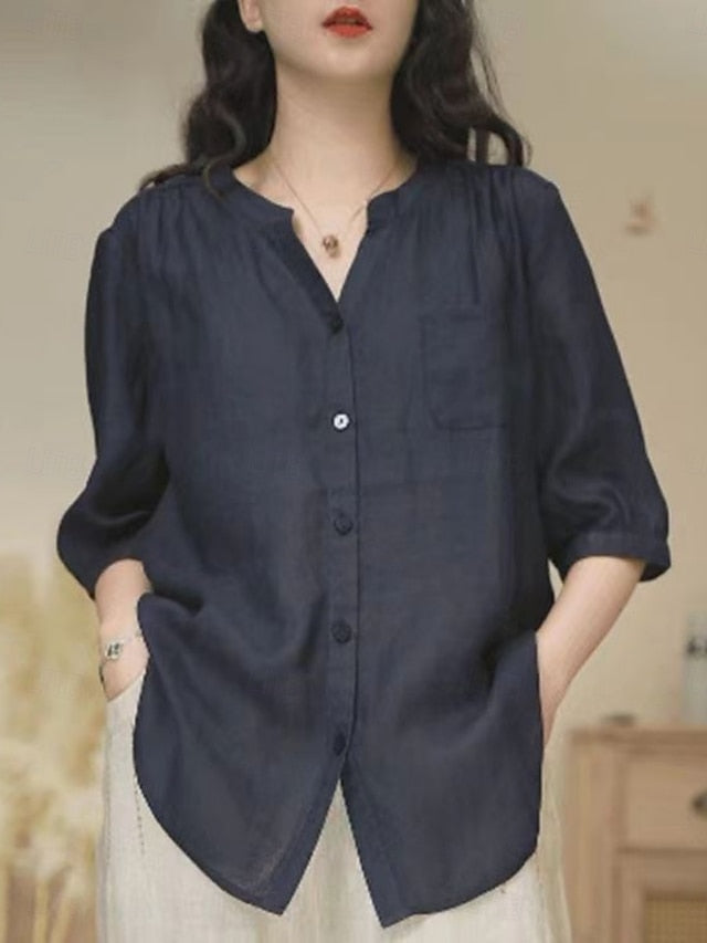Women's Cotton Linen Shirts Solid Color Daily Basic Casual
