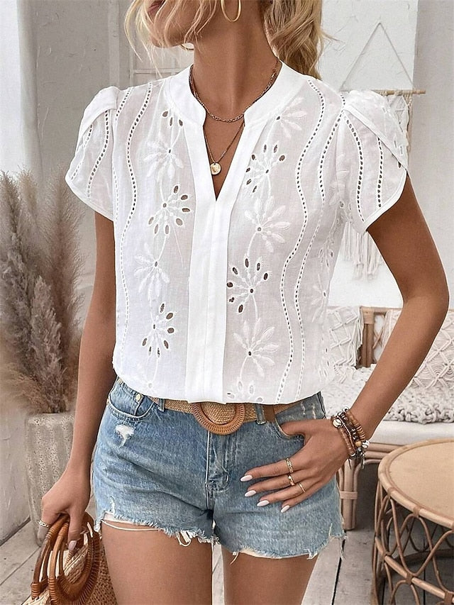 Women's Shirt Pointelle Shirt Eyelet Top Blouse Embroidered