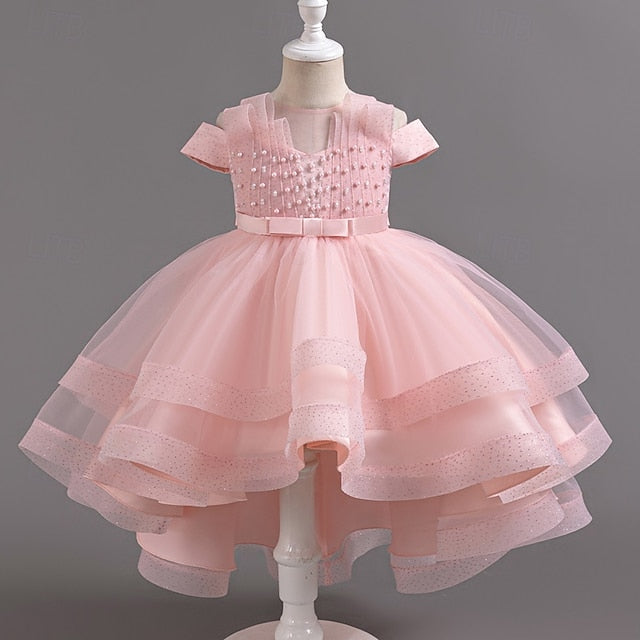 Short Color Kids Solid Wedding Dress Party Sleeve Girls'