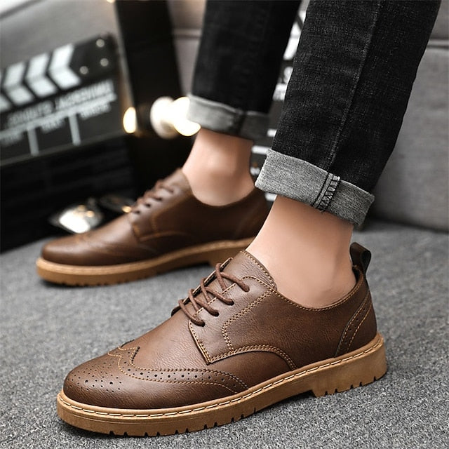 – Men's Leather Faux Shoes Black Classic Oxford Brogue