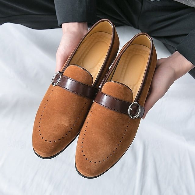 Faux Suede Slip-On with Brown Strap Buckle Loafers Men's