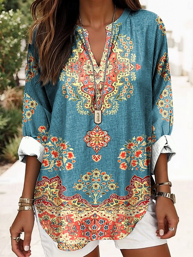 Women's Blouse Linen Like Breathable Lightweight Tunic V