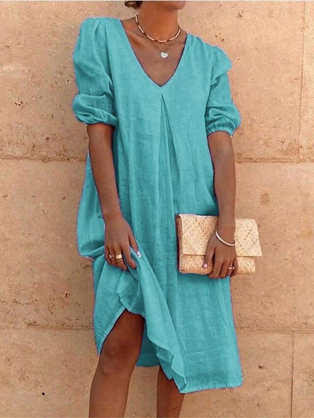 Women's Blue Black White Summer Spring Midi Dress Faux