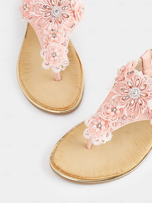 Women's Embellished T-Strap Sandals Floral Pink – Lace