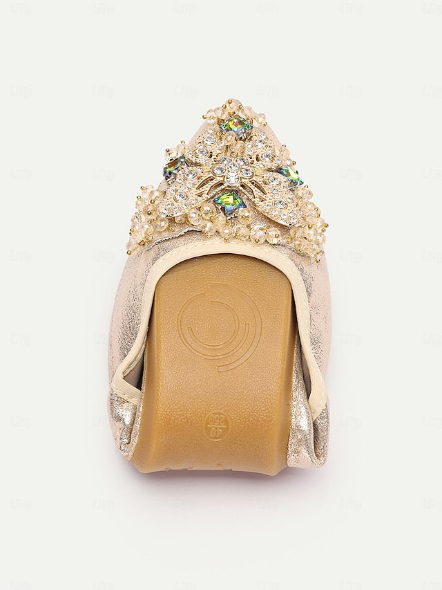 Foldable Flats Women's Gold with Crystal Glitter