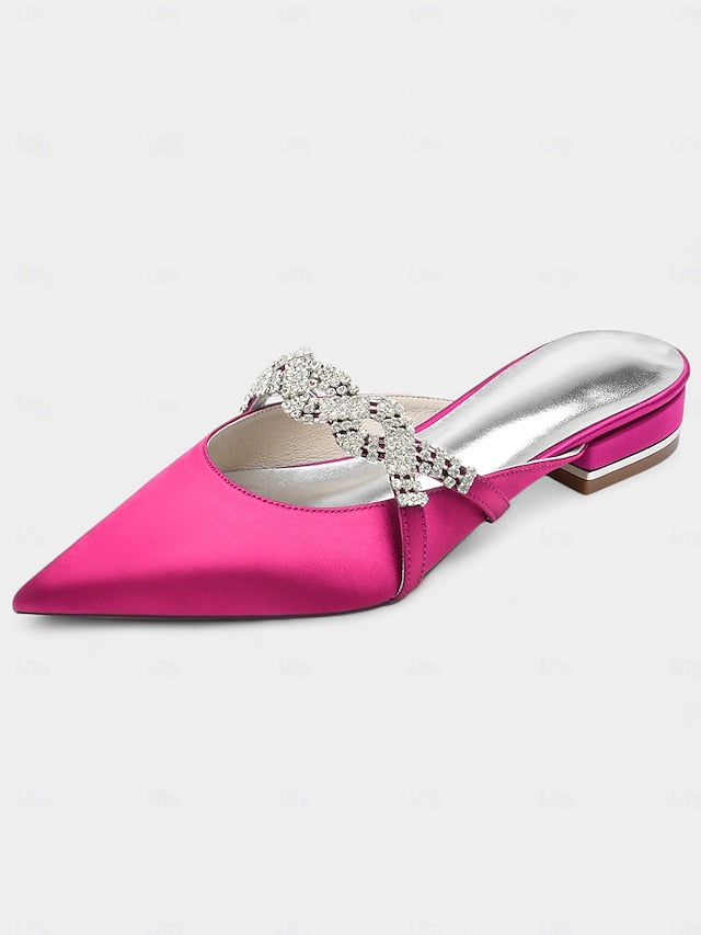 Satin Mule - Heels Rhinestone with Pointed-Toe Blue Detailing