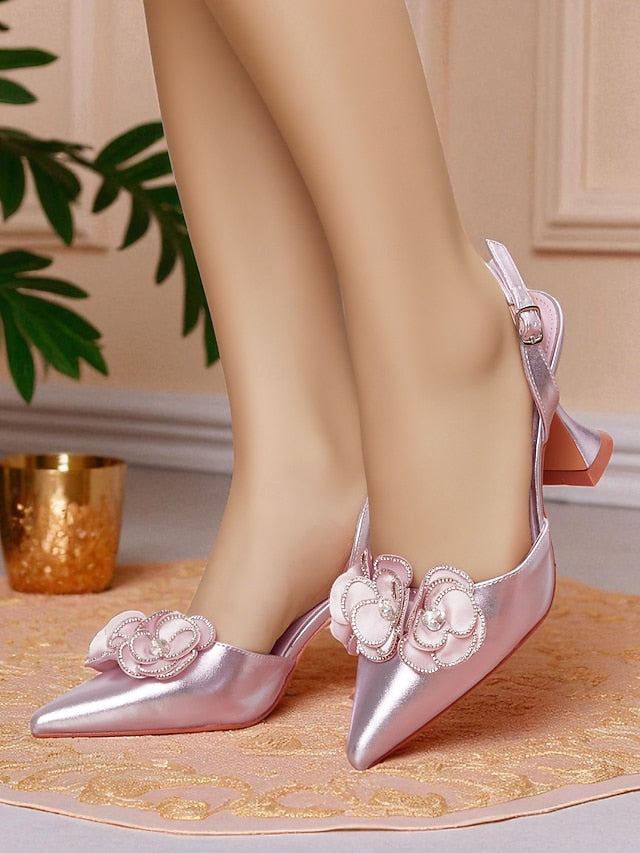 Floral Satin Heels Pointed Women's with Pink Toe