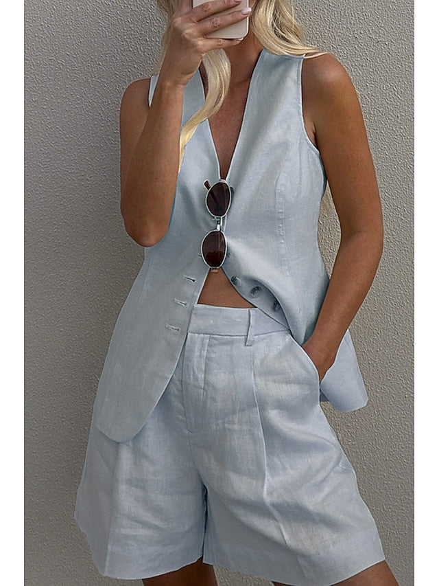 Women's Blouse Shorts Sets Sleeveless V Neck Solid Color