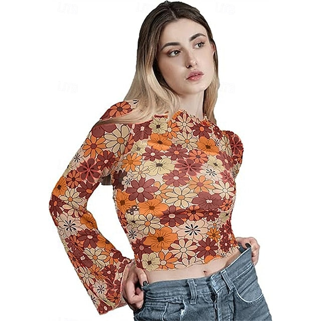 1970s Outfits for Women Bell Sleeve Tops Disco Outfit Floral