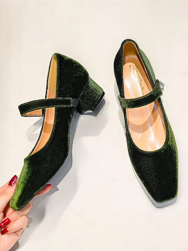 Jane Block Velvet Mary Green Square Women's - Toe Pumps