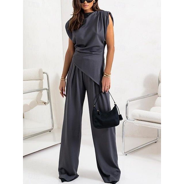 Women's Pants Sets Bolero Top Sleeveless Crew Neck Solid