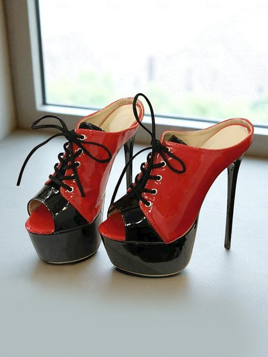 Leather Stiletto and Patent Platform Red Women's Black