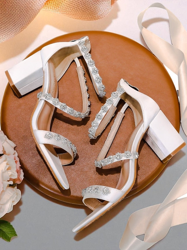 Heel Block - Open Rhinestone White Elegant Women's Sandals