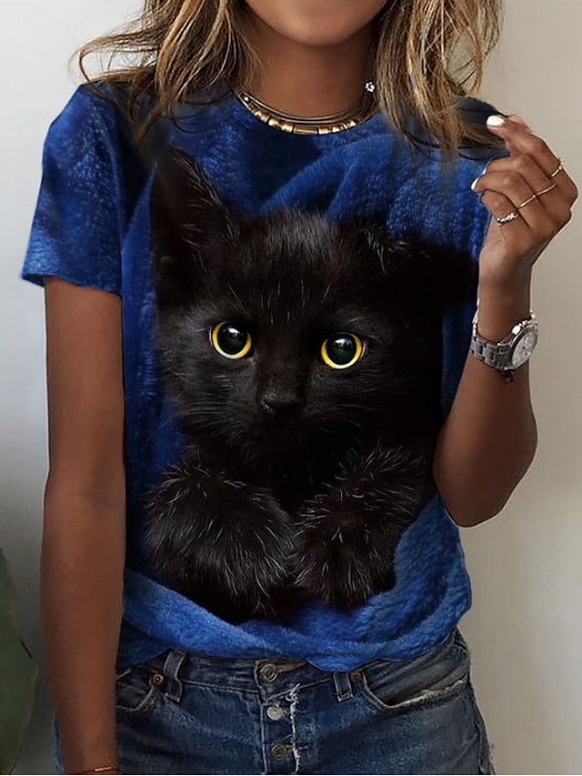 Women's T Shirt Basic Cat Print Short Sleeve Regular Tops
