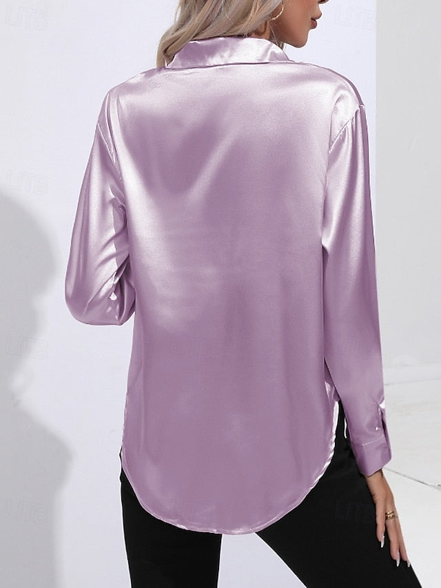Women's Shirt Elegant Satin Top Blouse Buttons Plain