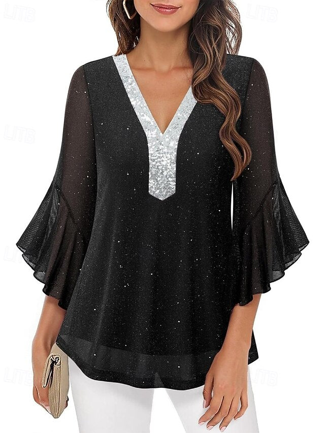 Women's Blouse Sequin Tops Patchwork Color Block Stylish