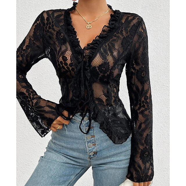Women's Lace Solid Color Plain Stylish Long Sleeve Causal
