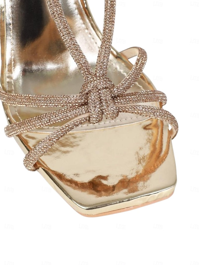 Square Stiletto Strappy Women's Rhinestone Heels with Toe