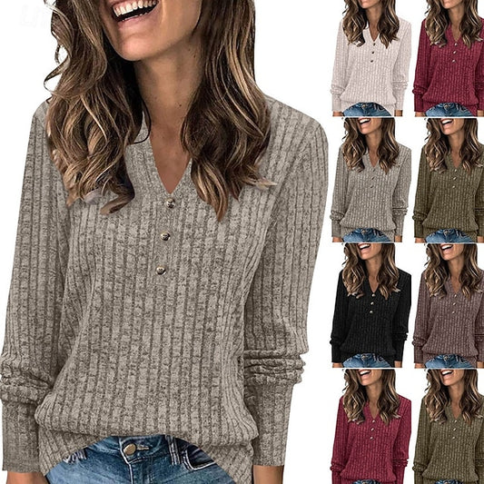 Women's T Shirt Tee Top Buttons Solid Color Stylish Classic