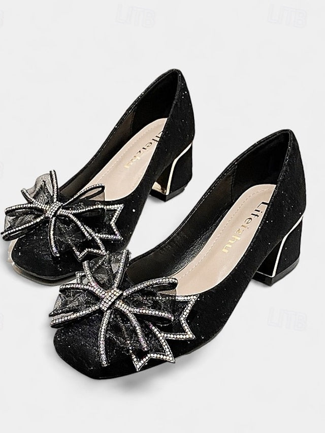 Bow Decoration - Glitter with Block Heel Pumps Gold Women's