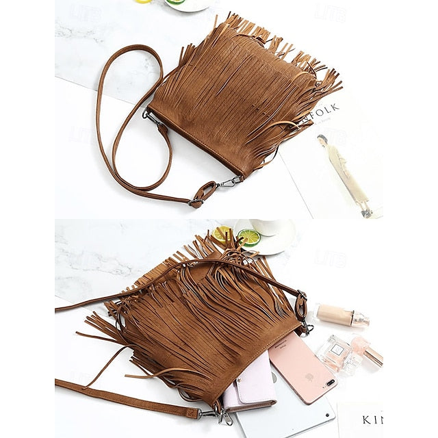 - Crossbody Bohemian Leather Bag Faux Fringe Women's