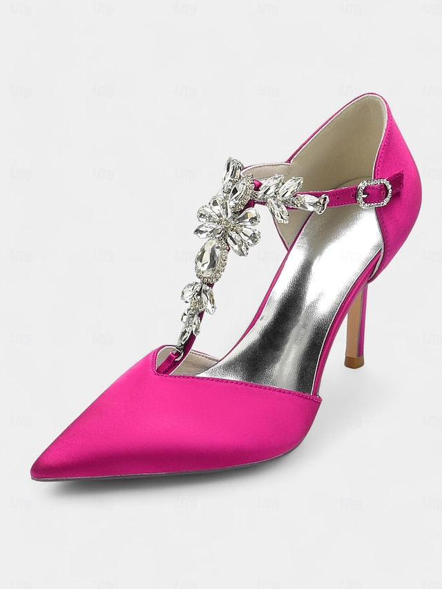 Blue Toe Pointed Women's Heels Navy – Satin T-Strap