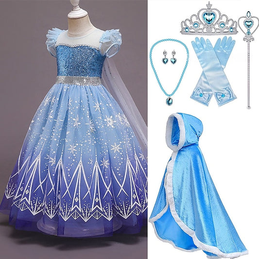 Hooded Princess Cape Elsa Dress Tulle Set Cloak With Crown