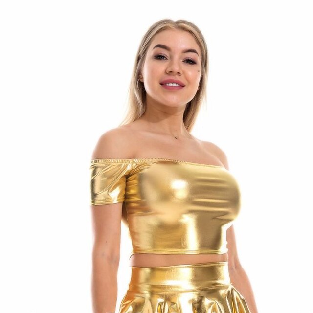 Mardi Gras 2026 Metallic 1980s Crop Top PU Leather Off Shoulder