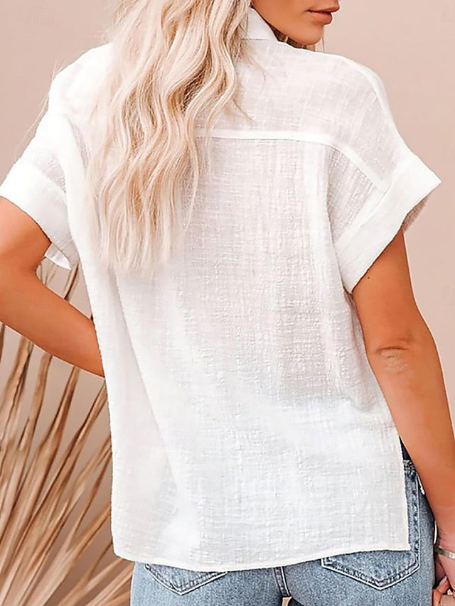 Women's Shirt Button Up Blouse Faux Cotton Linen Pocket