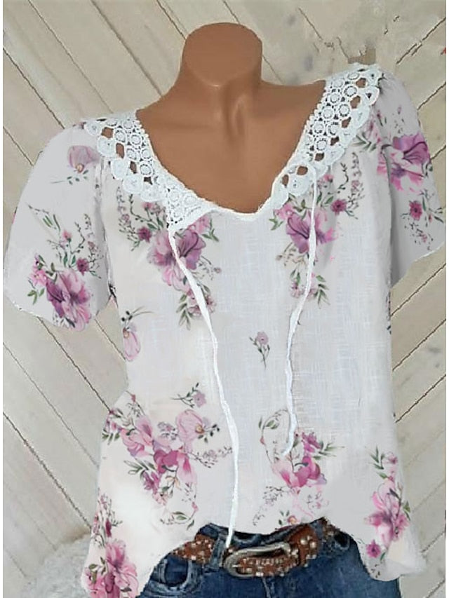 Women's White Elegant Lace Tops Eyelet Blouse Basic Floral