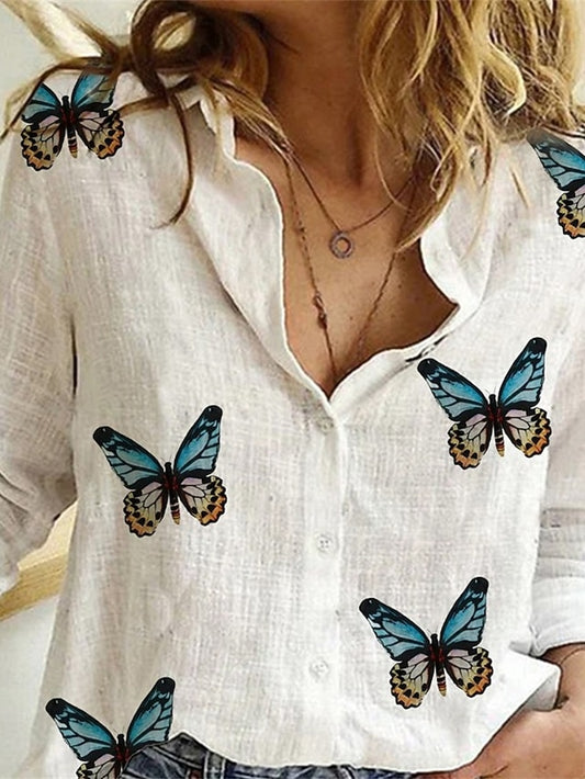 Women's Shirt Faux Cotton Linen Buttons Print Daily Stylish