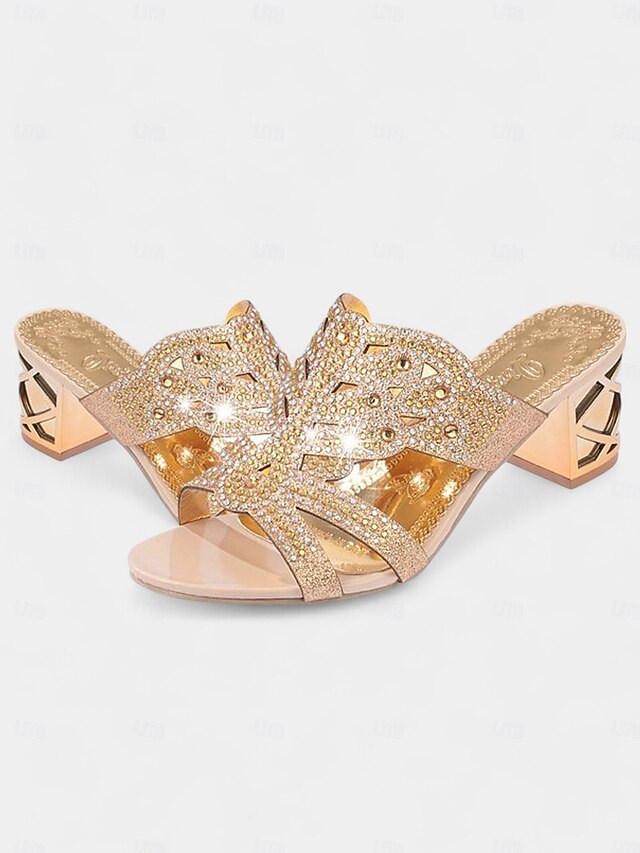 and Gold - Heeled Sandals Embellished Green Rhinestone