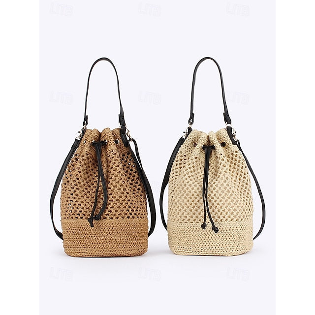 - Drawstring Summer Bucket Bag Woven Women’s Stylish with Tote