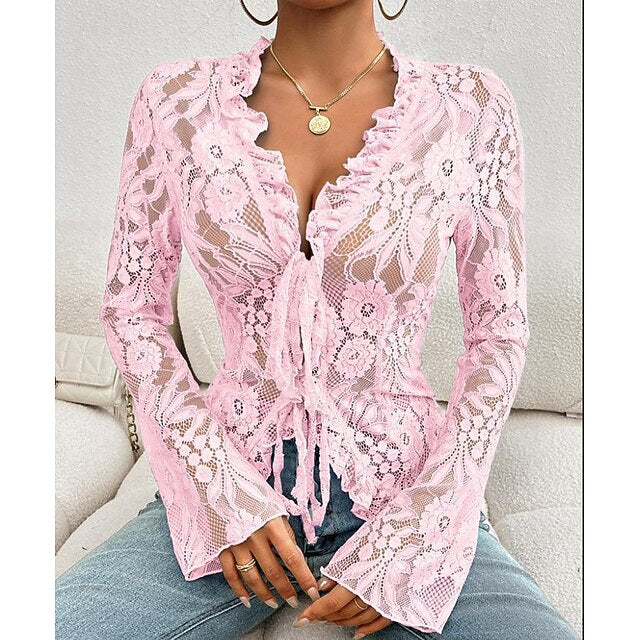 Women's Lace Solid Color Plain Stylish Long Sleeve Causal