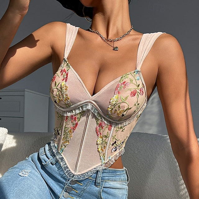 Slim Fit Corset Crop Top Bustier Embroidered Floral Fancy Dress