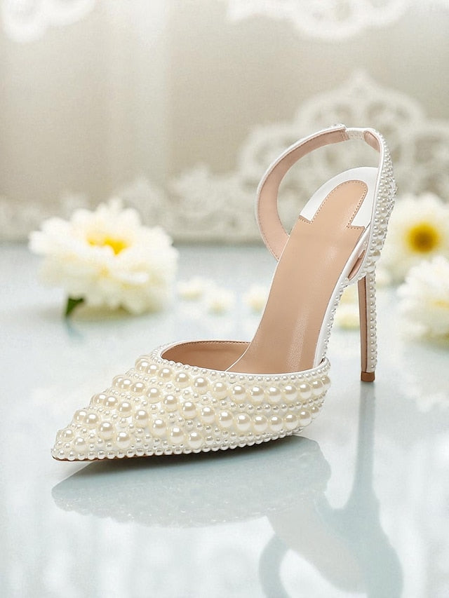 Women's Leather - Heels Pearl-Embellished Slingback White