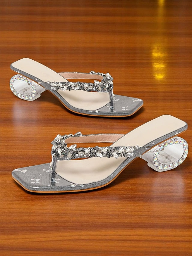 Women's Rhinestone Open Toe Sparkly Sandals Heels Silver -