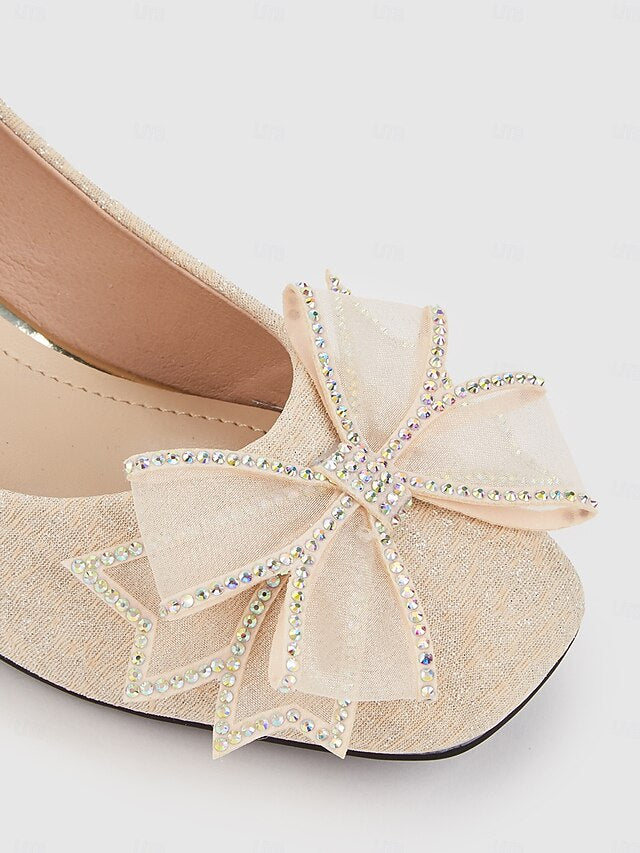 Bow Decoration - Glitter with Block Heel Pumps Gold Women's