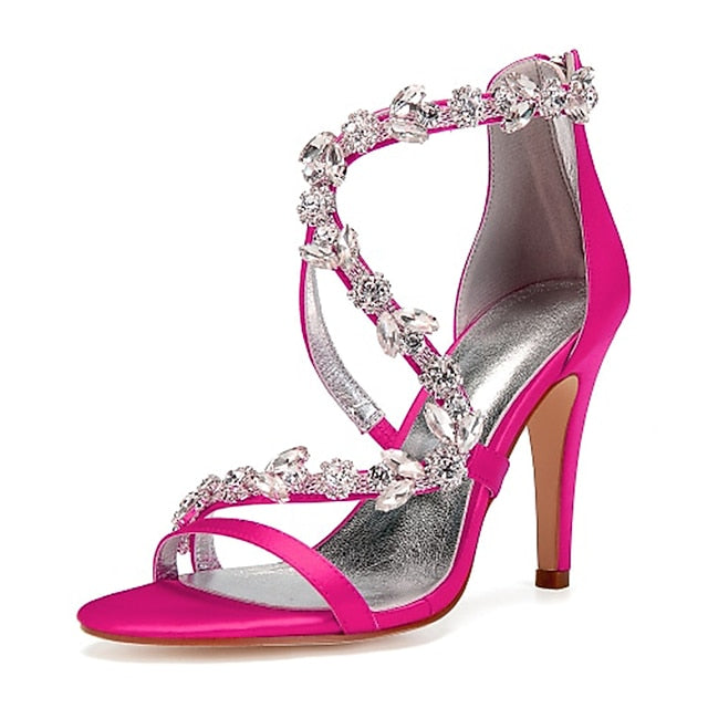 with Heel Pink High Rhinestone Sandals Women's Floral Satin